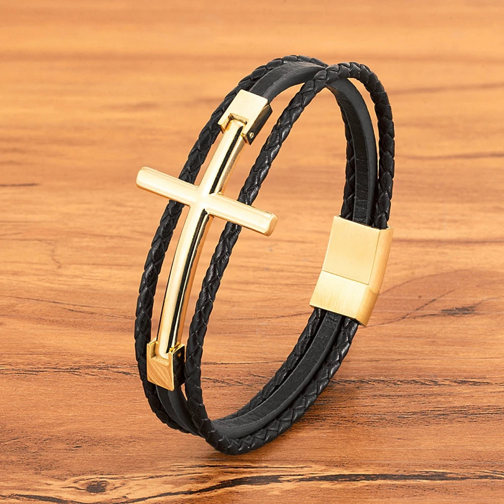 Wrist Band Cross Design Punk Black Leather Bracelet FaithVerse