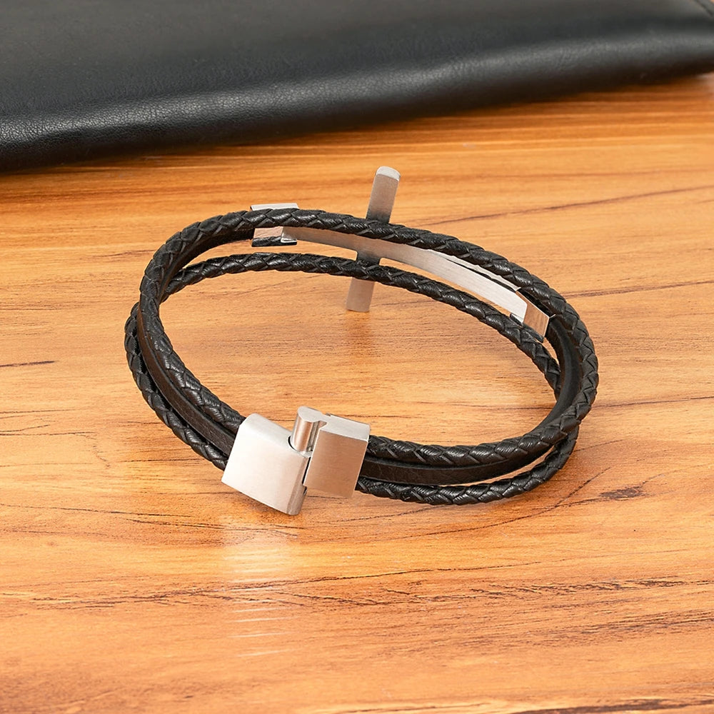 Wrist Band Cross Design Punk Black Leather Bracelet