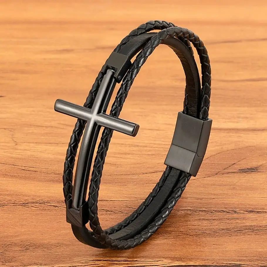 Wrist Band Cross Design Punk Black Leather Bracelet