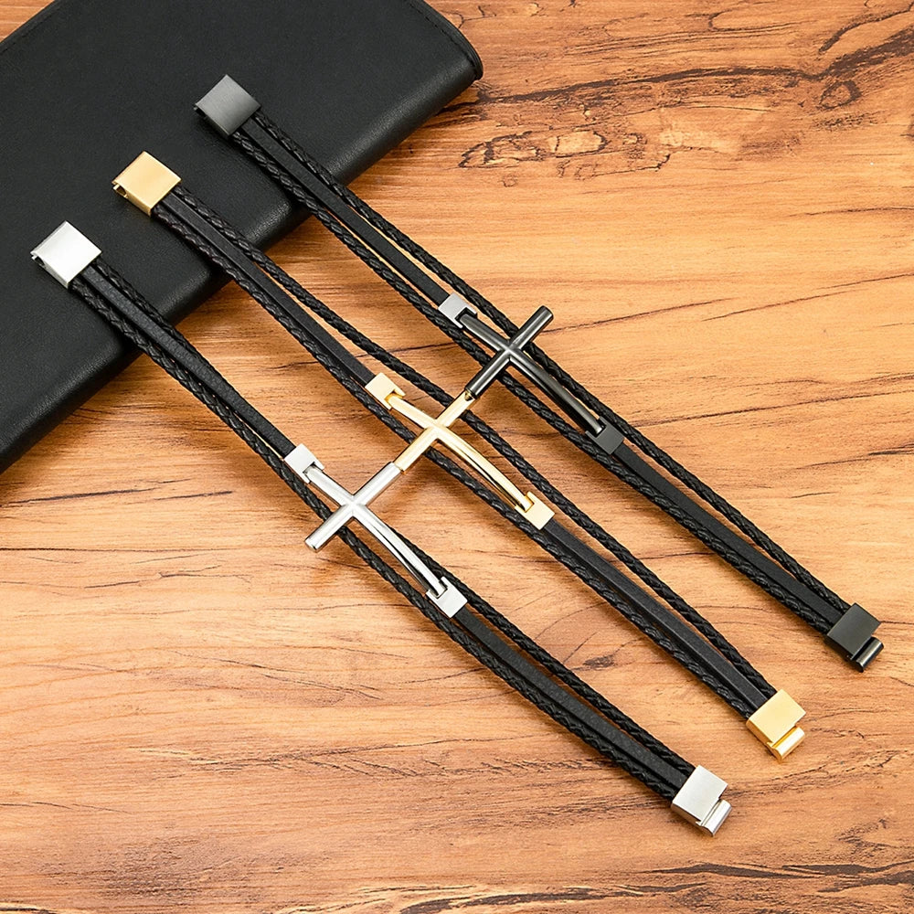 Wrist Band Cross Design Punk Black Leather Bracelet