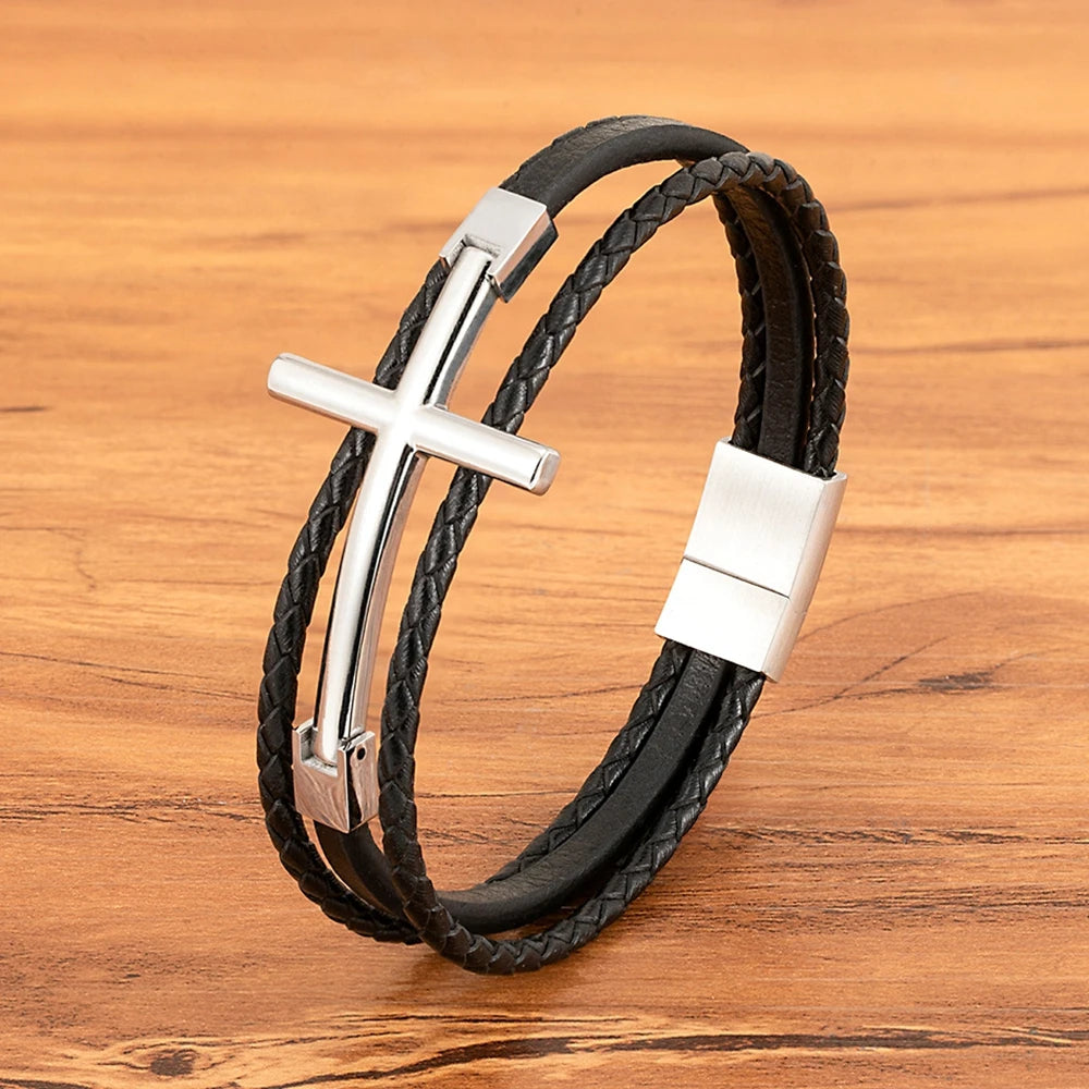 Wrist Band Cross Design Punk Black Leather Bracelet