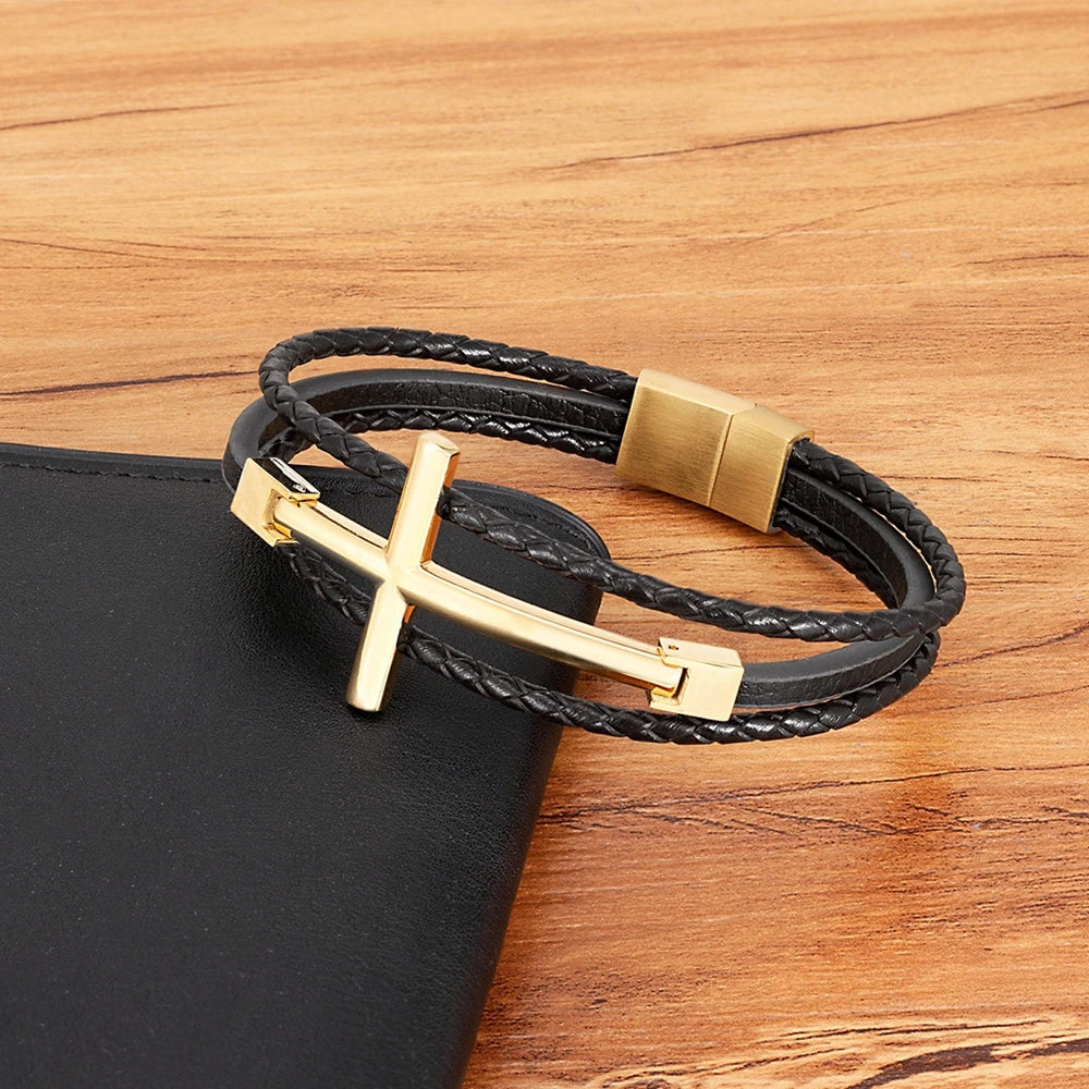 Wrist Band Cross Design Punk Black Leather Bracelet