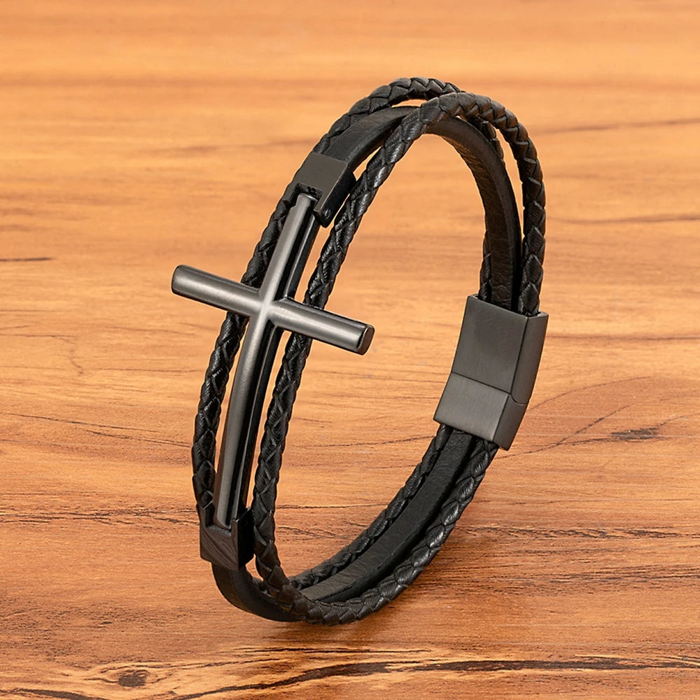Wrist Band Cross Design Punk Black Leather Bracelet