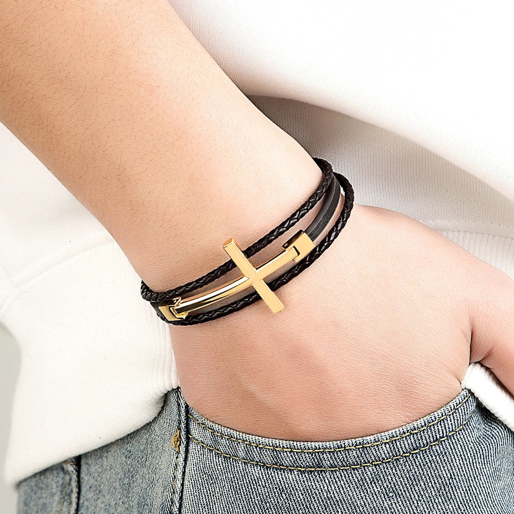 Wrist Band Cross Design Punk Black Leather Bracelet