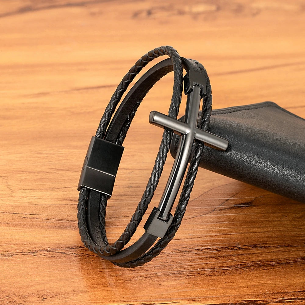 Wrist Band Cross Design Punk Black Leather Bracelet